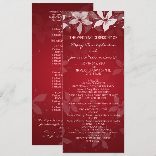 Blumenhochzeitprogramm Exotic Blooms Red Programm (Vorne/Hinten)