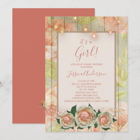 Blumenholz Rose Mason Jar Light Baby Dusche Einladung (Vorne/Hinten)