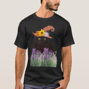 Blumenhut und schwarze Kitty-Katze T-Shirt