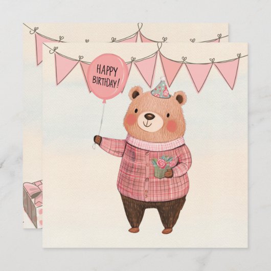 Blumenhütte mit rosa Kariertem Pullover Einladung (Vorne/Hinten)