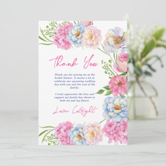 Blumenische Liebe im blühenden Rosa Brautparty Dankeskarte (Stehend Vorderseite)