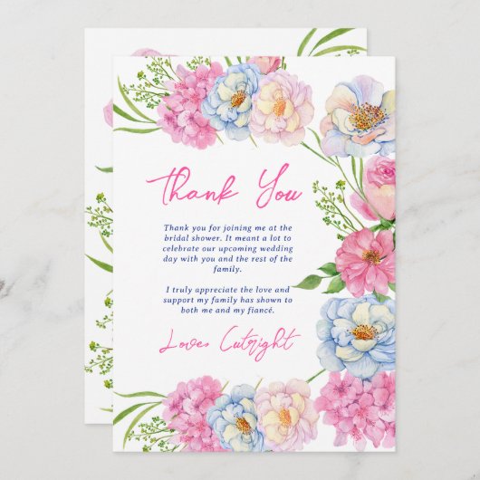 Blumenische Liebe im blühenden Rosa Brautparty Dankeskarte (Vorne/Hinten)