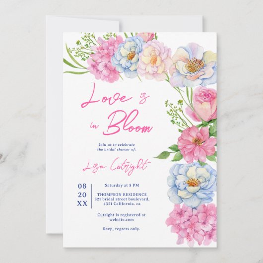 Blumenische Liebe im blühenden Rosa Brautparty Einladung (Vorderseite)