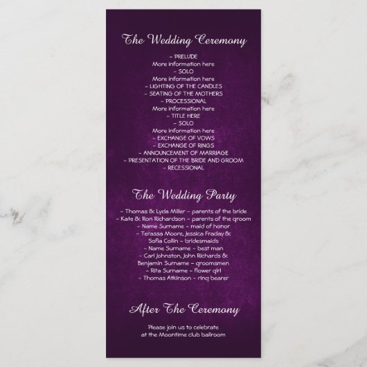 Blumenjar lila Hochzeitsfeier Programm (Rückseite)