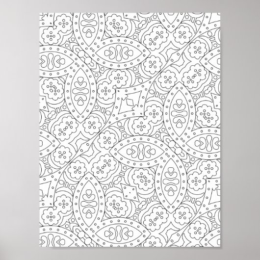 Blumenkachel-Muster-Malvorlage mit Herz-Motiv Poster (Vorne)