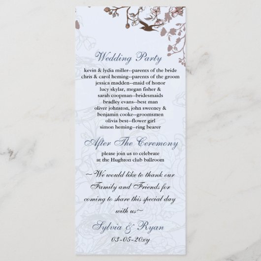 Blumenkäfig, Liebesvögel Hochzeitsprogramme Programm (Rückseite)