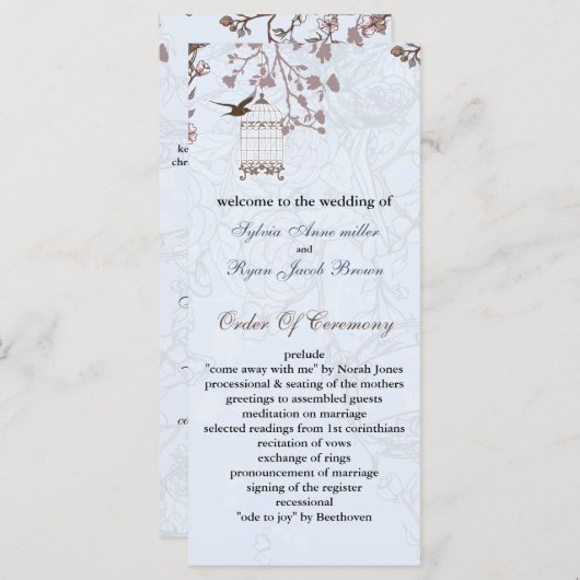 Blumenkäfig, Liebesvögel Hochzeitsprogramme Programm (Vorne/Hinten)