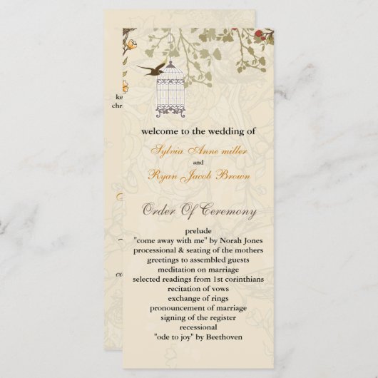 Blumenkäfig, Vogelhaufen, Hochzeitsprogramme Programm (Vorne/Hinten)