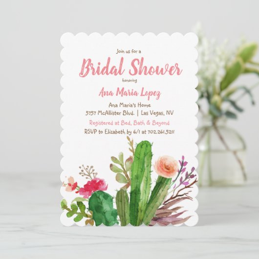 Blumenkaktus Bridal Dusche Einladung (Stehend Vorderseite)