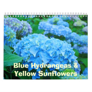 Blumenkalender Blaue Hydrangeas Gelbe Sonnenblumen Kalender