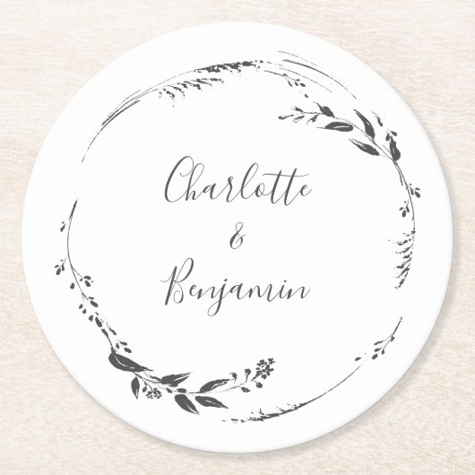 Blumenkalligrafie Custom Wedding White Runder Pappuntersetzer (Vorderseite)