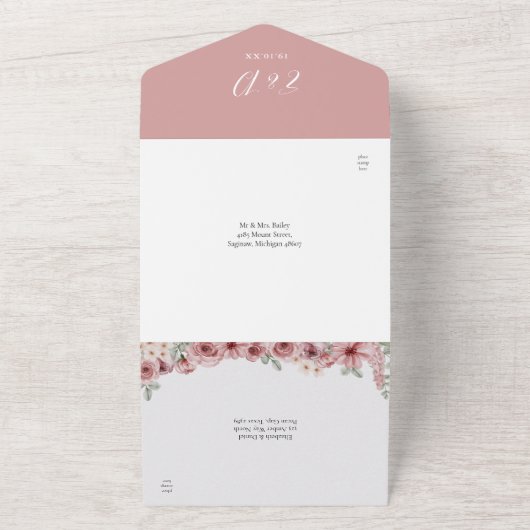 Blumenkalligrafie-Skript Dusty Rose Hochzeit All In One Einladung (Außenbereich)