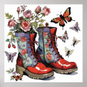 Blumenkämpferstiefel mit Blume und Schmetterlingen Poster (Vorne)