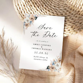 Blumenkarte von Elfenbein und Blue Boho Save the D Date