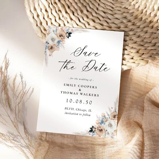 Blumenkarte von Elfenbein und Blue Boho Save the D Save The Date