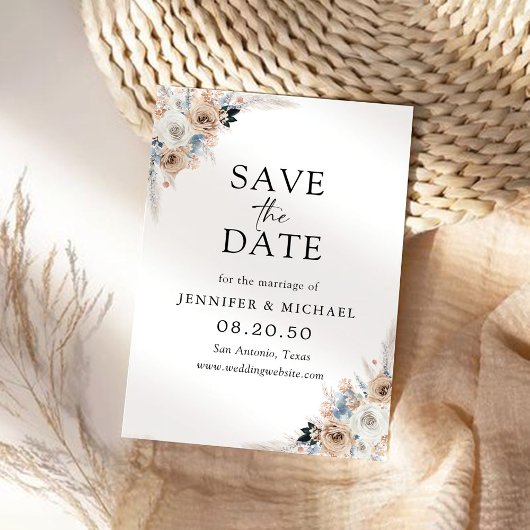 Blumenkarte von Elfenbein und Blue Boho Save the D Save The Date