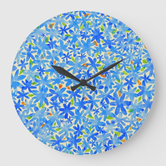 Blumenkaskade: Blaue Blumen Nahtloses Muster Große Wanduhr (Vorderseite)