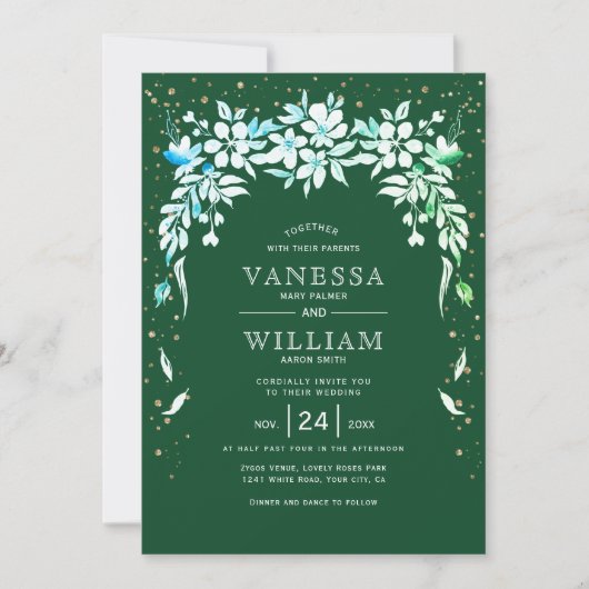 Blumenkaskadengärtnerei smaragdgrüne Hochzeit Einladung (Vorderseite)