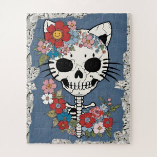 Blumenkatze Skelett mit Spitzen und Denim Puzzle