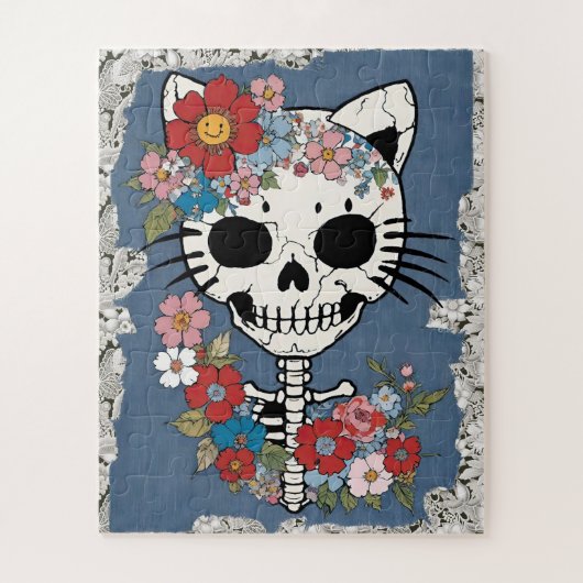 Blumenkatze Skelett mit Spitzen und Denim Puzzle (Vertikal)
