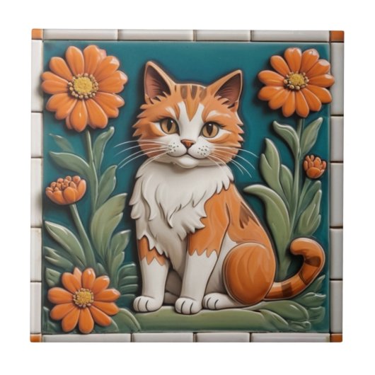 Blumenkatzen - Ginger Katze & Orangenblumen Garten Fliese (Vorderseite)