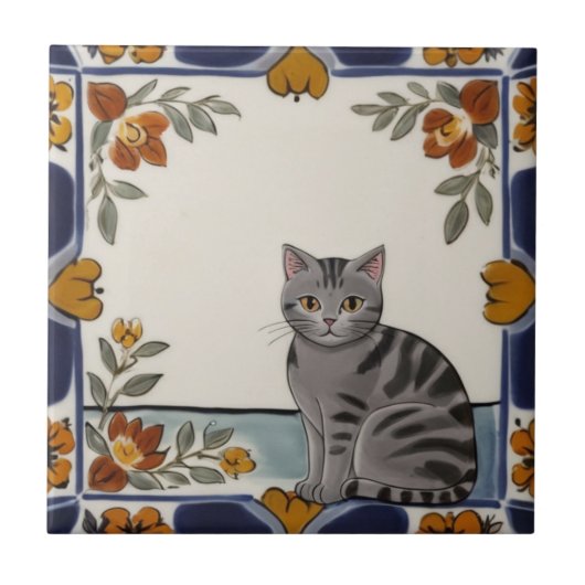 Blumenkatzen - Graue Tabby-Katze und orangefarbene Fliese (Vorderseite)