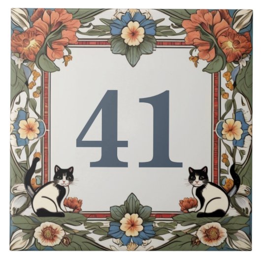 Blumenkatzen mit eigener Hausnummer Schild Plaque Fliese (Vorderseite)