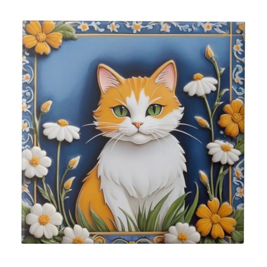 Blumenkatzen - Oranges Weißes Ginger-Katze Blaue B Fliese (Vorderseite)
