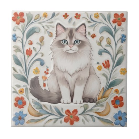 Blumenkatzen - Ragdoll-Katze Farbige Volkskunstblu Fliese (Vorderseite)