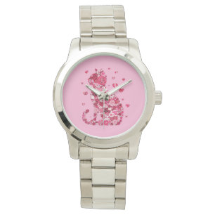 Blumenkatzen Silhouette ArtFaux überzogene Canvas  Armbanduhr