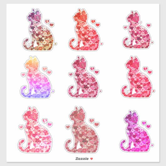 Blumenkatzen Silhouette ArtFaux überzogene Canvas Aufkleber (Blatt)