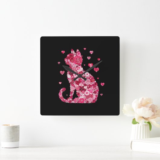 Blumenkatzen Silhouette ArtFaux überzogene Canvas Quadratische Wanduhr (Zuhause)