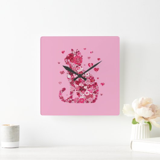 Blumenkatzen Silhouette ArtFaux überzogene Canvas  Quadratische Wanduhr (Zuhause)