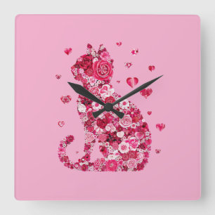 Blumenkatzen Silhouette ArtFaux überzogene Canvas Quadratische Wanduhr