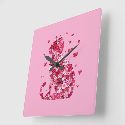 Blumenkatzen Silhouette ArtFaux überzogene Canvas  Quadratische Wanduhr (Winkel)