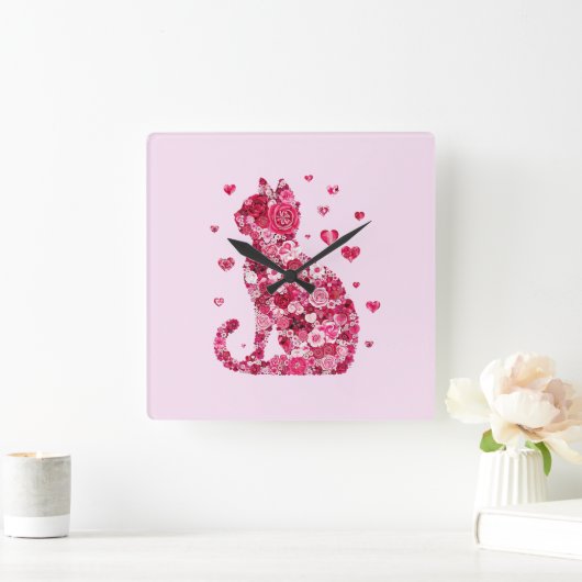Blumenkatzen Silhouette ArtFaux überzogene Canvas  Quadratische Wanduhr (Zuhause)