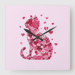 Blumenkatzen Silhouette ArtFaux überzogene Canvas  Quadratische Wanduhr