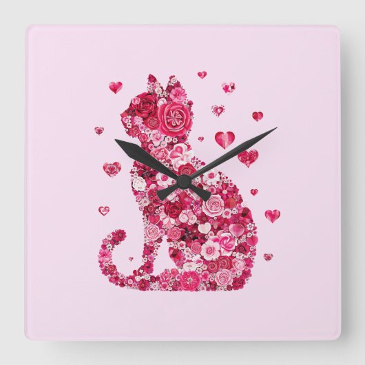 Blumenkatzen Silhouette ArtFaux überzogene Canvas  Quadratische Wanduhr (Vorderseite)