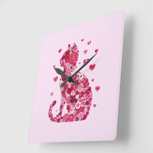 Blumenkatzen Silhouette ArtFaux überzogene Canvas Quadratische Wanduhr (Winkel)