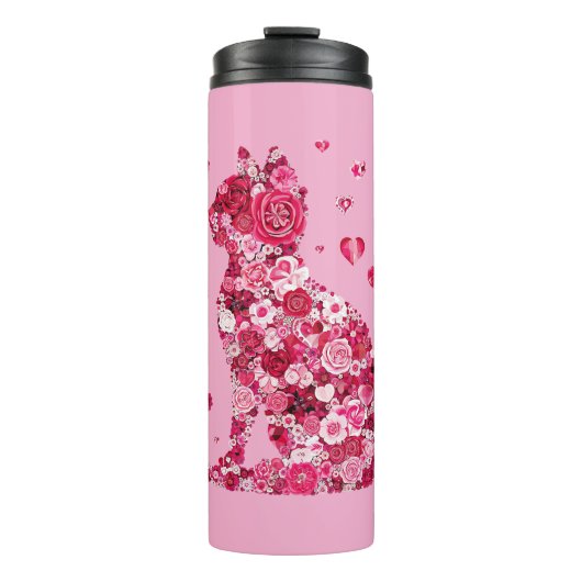 Blumenkatzen Silhouette ArtFaux überzogene Canvas Thermosbecher (Vorderseite)