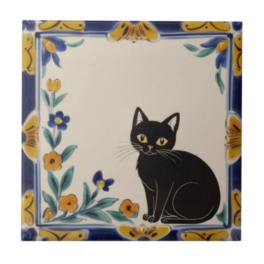 Blumenkatzen - Süße schwarze Katze und orangefarbe Fliese (Vorderseite)