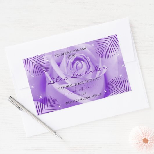 Blumenkennzeichnungen Lila Rose mit Palm-Blätter Rechteckiger Aufkleber (Umschlag)