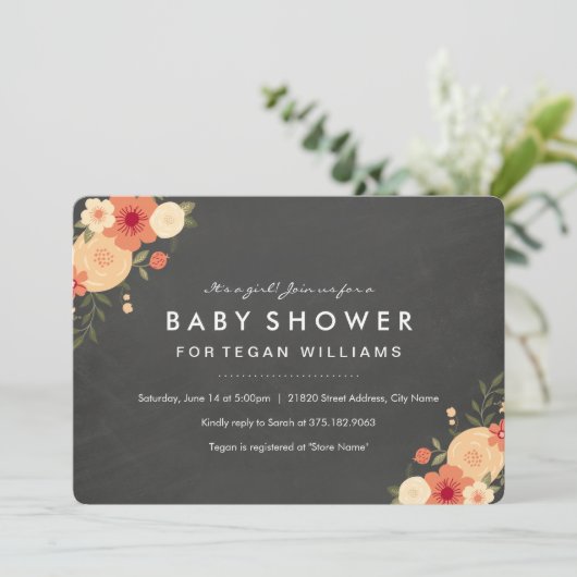 Blumenkhalkboard | Einladung der Babydusche (Stehend Vorderseite)