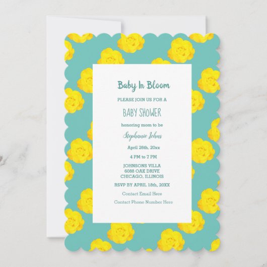 Blumenkinder in Blütendusche Aquamarine gelbe Rose Einladung (Vorderseite)