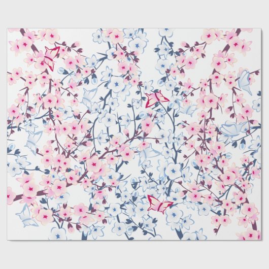 Blumenkirsche Blüten Blau Rosa Geschenkpapier (Flach)