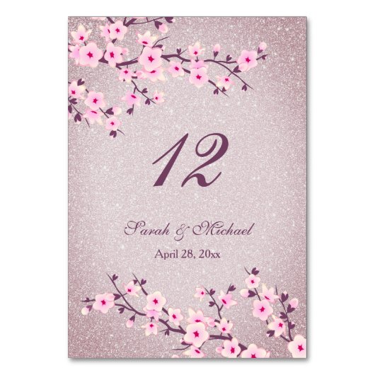 Blumenkirsche Blüten Mauve Glitzer Hochzeit Tischnummer (Rückseite)