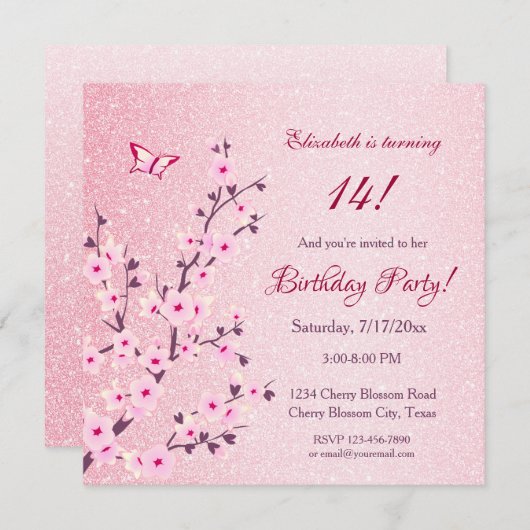 Blumenkirsche Blüten Rosa Glitzer Geburtstag Einladung (Vorne/Hinten)