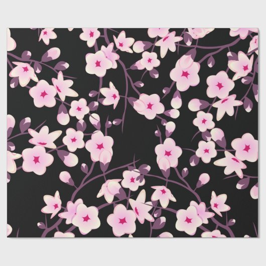 Blumenkirsche Blüten Rosa Schwarz Geschenkpapier (Flach)
