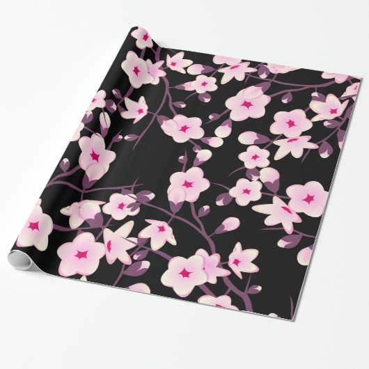 Blumenkirsche Blüten Rosa Schwarz Geschenkpapier (Ungerollt)
