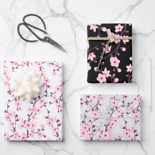 Blumenkirsche Blüten Rosa Schwarz Grau Geschenkpapier Set (Vorderseite)